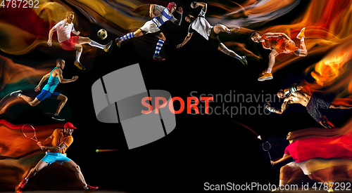 Image of Creative collage of childrens and adults in sport
