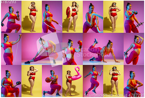 Image of Young caucasian plus size female models training on beach resort