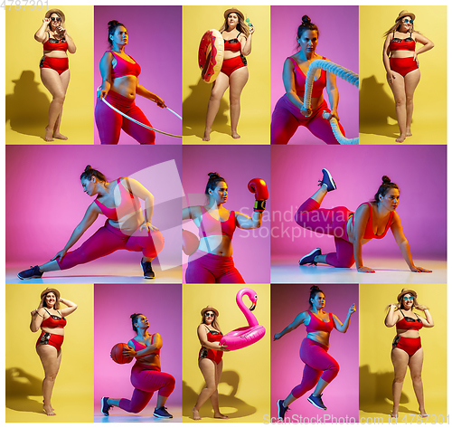 Image of Young caucasian plus size female models training on beach resort