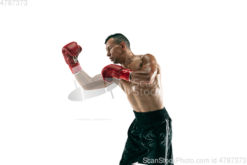 Image of Full length portrait of muscular sportsman with prosthetic leg, copy space. Male boxer in red gloves.