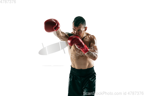 Image of Full length portrait of muscular sportsman with prosthetic leg, copy space. Male boxer in red gloves.