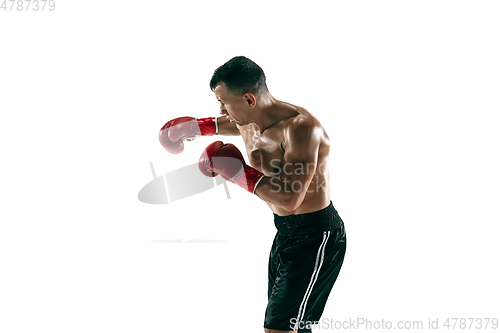 Image of Full length portrait of muscular sportsman with prosthetic leg, copy space. Male boxer in red gloves.