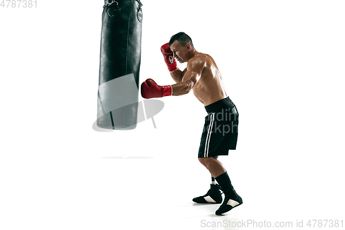 Image of Full length portrait of muscular sportsman with prosthetic leg, copy space. Male boxer in red gloves.