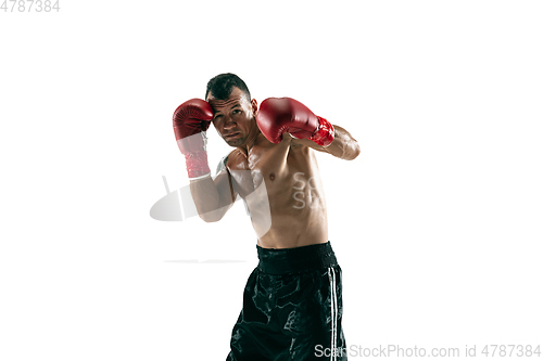 Image of Full length portrait of muscular sportsman with prosthetic leg, copy space. Male boxer in red gloves.