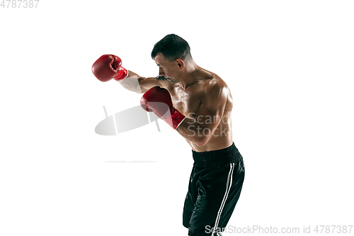 Image of Full length portrait of muscular sportsman with prosthetic leg, copy space. Male boxer in red gloves.