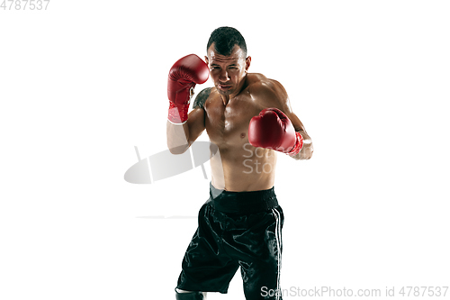 Image of Full length portrait of muscular sportsman with prosthetic leg, copy space. Male boxer in red gloves.