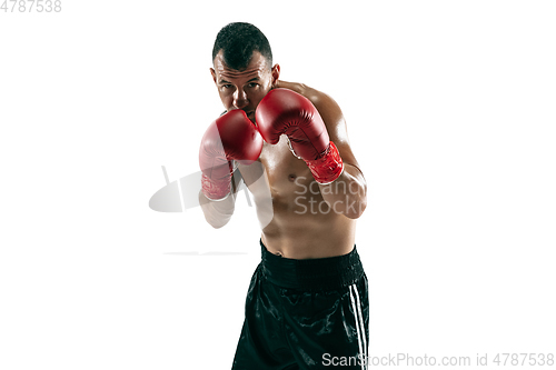 Image of Full length portrait of muscular sportsman with prosthetic leg, copy space. Male boxer in red gloves.