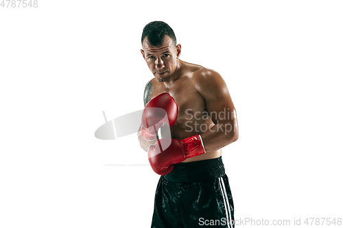 Image of Full length portrait of muscular sportsman with prosthetic leg, copy space. Male boxer in red gloves.