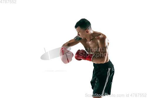 Image of Full length portrait of muscular sportsman with prosthetic leg, copy space. Male boxer in red gloves.