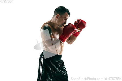 Image of Full length portrait of muscular sportsman with prosthetic leg, copy space. Male boxer in red gloves.