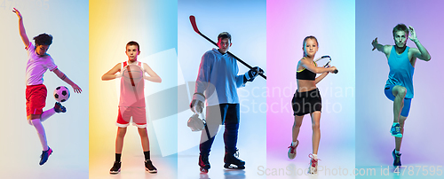 Image of Collage of different professional sportsmen, fit people in actio