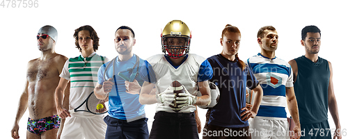 Image of Collage of different professional sportsmen, fit people in action and motion isolated on white background. Flyer.