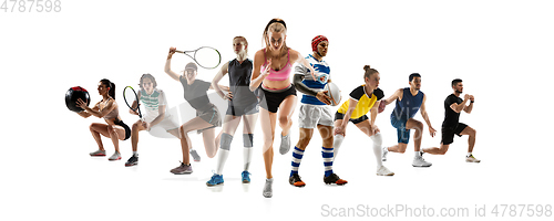 Image of Collage of different professional sportsmen, fit people in action and motion isolated on white background. Flyer.