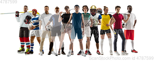 Image of Collage of 10 different professional sportsmen, fit people in action and motion isolated on white background. Flyer.
