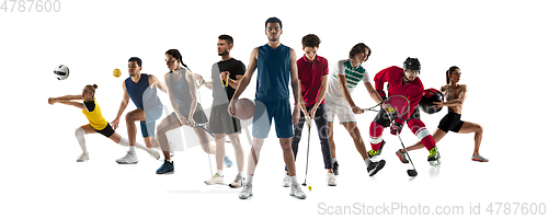 Image of Collage of 8 different professional sportsmen, fit people in act