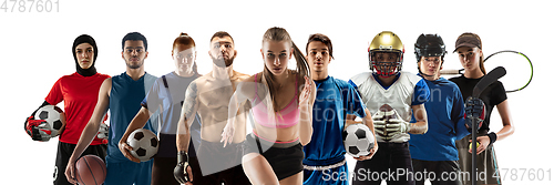 Image of Collage of 8 different professional sportsmen, fit people in action and motion isolated on white background. Flyer.