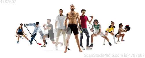 Image of Collage of different professional sportsmen, fit people in action and motion isolated on white background. Flyer.