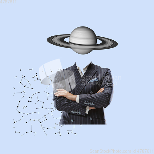 Image of Modern design, contemporary art collage. Inspiration, idea, trendy urban magazine style. Businessman with planet insted head on geometrical background