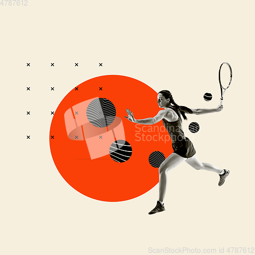 Image of Modern design, contemporary art collage. Inspiration, idea, trendy urban magazine style. Female tennis player on geometrical background