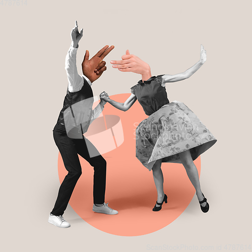 Image of Modern design, contemporary art collage. Inspiration, idea, trendy urban magazine style. Couple headed with hands dancing on geometrical background