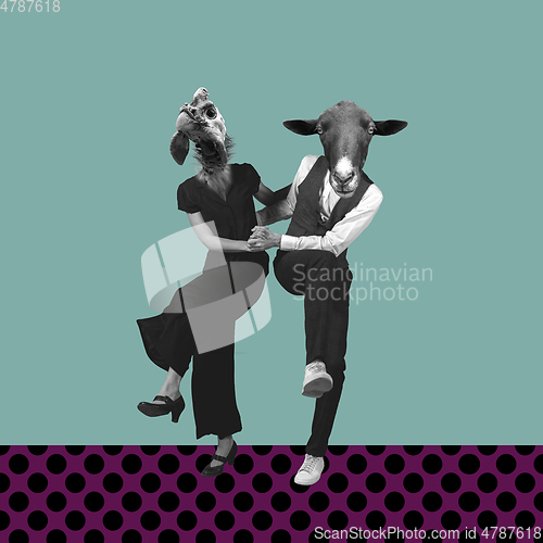 Image of Modern design, contemporary art collage. Inspiration, idea, trendy urban magazine style. Couple with animal heads on geometrical background