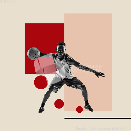 Image of Modern design, contemporary art collage. Inspiration, idea, trendy urban magazine style. African basketball player on geometrical background