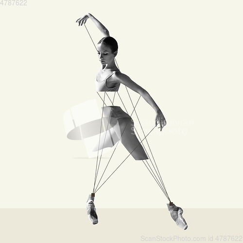 Image of Modern design, contemporary art collage. Inspiration, idea, trendy urban magazine style. Ballet dancer like puppet on pastel background
