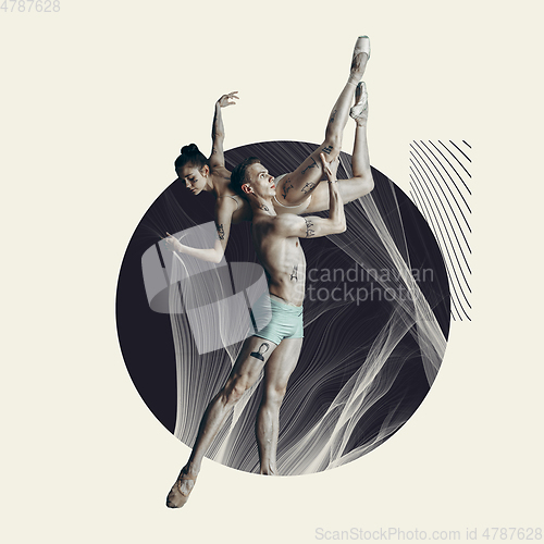 Image of Modern design, contemporary art collage. Inspiration, idea, trendy urban magazine style. Ballet dancers with cloth in round on geometrical background