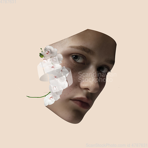 Image of Modern design, contemporary art collage. Inspiration, idea, trendy urban magazine style. Female face close up on pastel yellow background