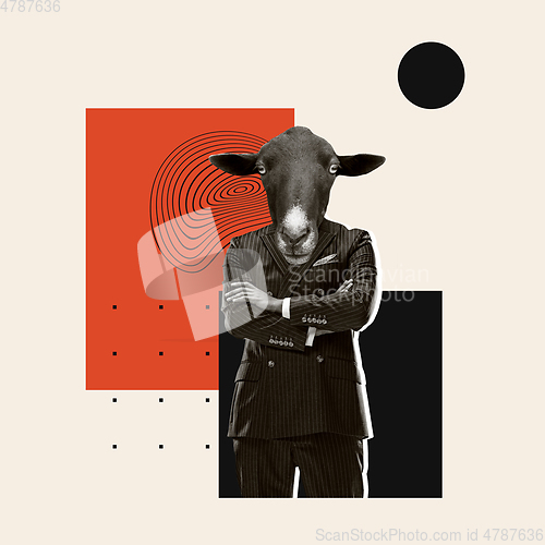 Image of Modern design, contemporary art collage. Inspiration, idea, trendy urban magazine style. Businessman with animal head on geometrical background