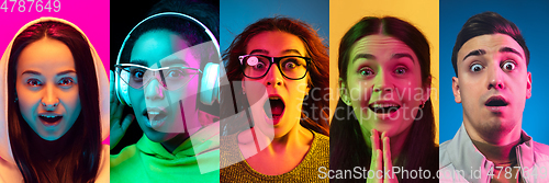 Image of Portraits of group of people on multicolored background in neon light, collage.