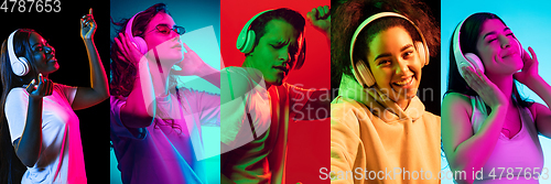 Image of Portraits of group of people on multicolored background in neon light, collage.