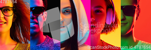 Image of Portraits of group of people on multicolored background in neon light, collage.