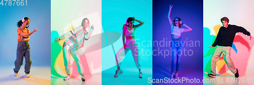 Image of Portraits of group of people on multicolored background in neon light, collage.