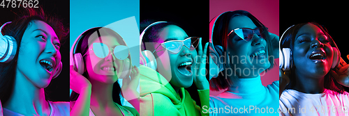 Image of Portraits of group of people on multicolored background in neon light, collage.