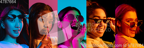 Image of Portraits of group of people on multicolored background in neon light, collage.