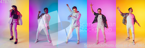 Image of Portraits of group of people on multicolored background in neon light, collage.