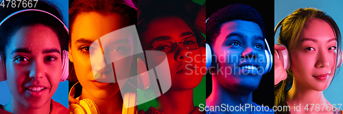 Image of Portraits of group of people on multicolored background in neon light, collage.