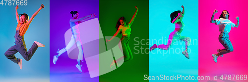 Image of Portraits of group of people on multicolored background in neon light, collage.