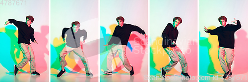 Image of Portraits of young man on multicolored background in neon light, collage.