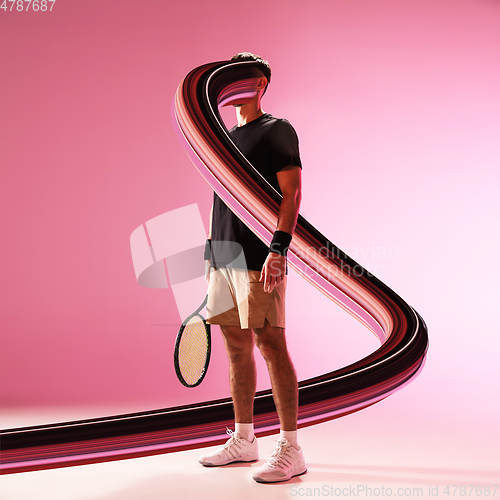 Image of Fit tennis player with long fluid flood on gradient background. Negative space to insert your text. Modern design. Contemporary colorful and conceptual bright art collage.