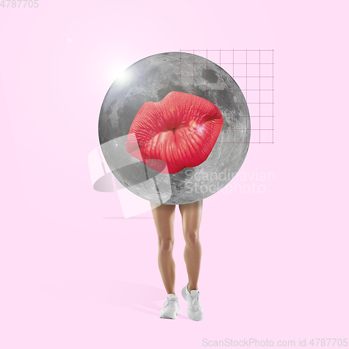 Image of Modern design, contemporary art collage. Inspiration, idea, trendy urban magazine style. Big moon with female lips on pastel background