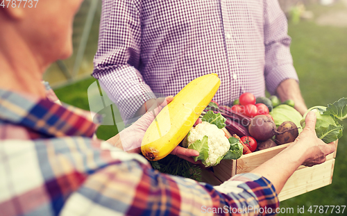 Image of senior couple with box of vegetables on farm