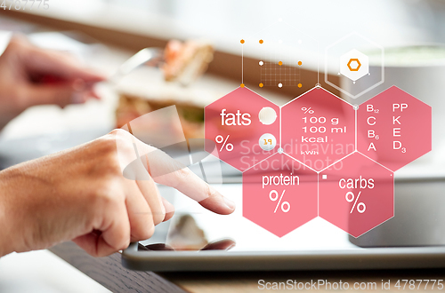 Image of hand with tablet pc and nutritional value chart