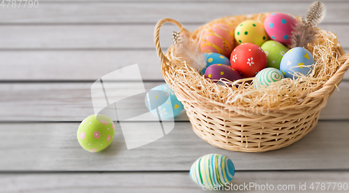 Image of close up of colored easter eggs in basket