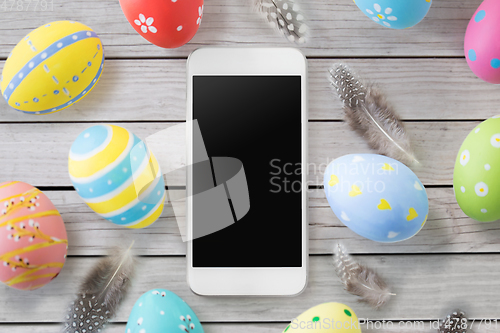 Image of smartphone with easter eggs and feathers