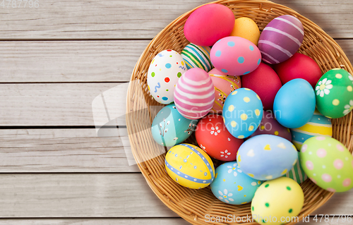 Image of close up of colored easter eggs in basket