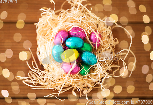 Image of chocolate easter eggs in straw nest on table