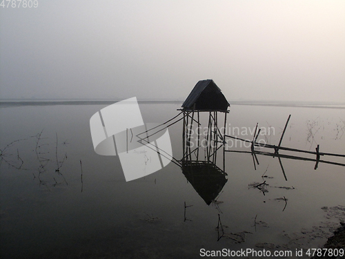 Image of Modest straw hut of Indian fishermen, Ganges, Sundarbans, West Bengal, India