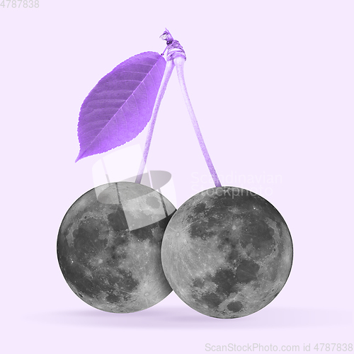 Image of Modern design, contemporary art collage. Inspiration, idea, trendy urban magazine style. Two moons like cherries on pastel background.